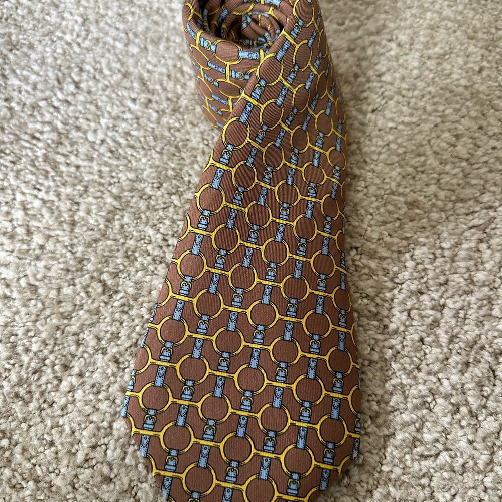100% Silk Hermes Brown and Blue Patterned Neck Tie